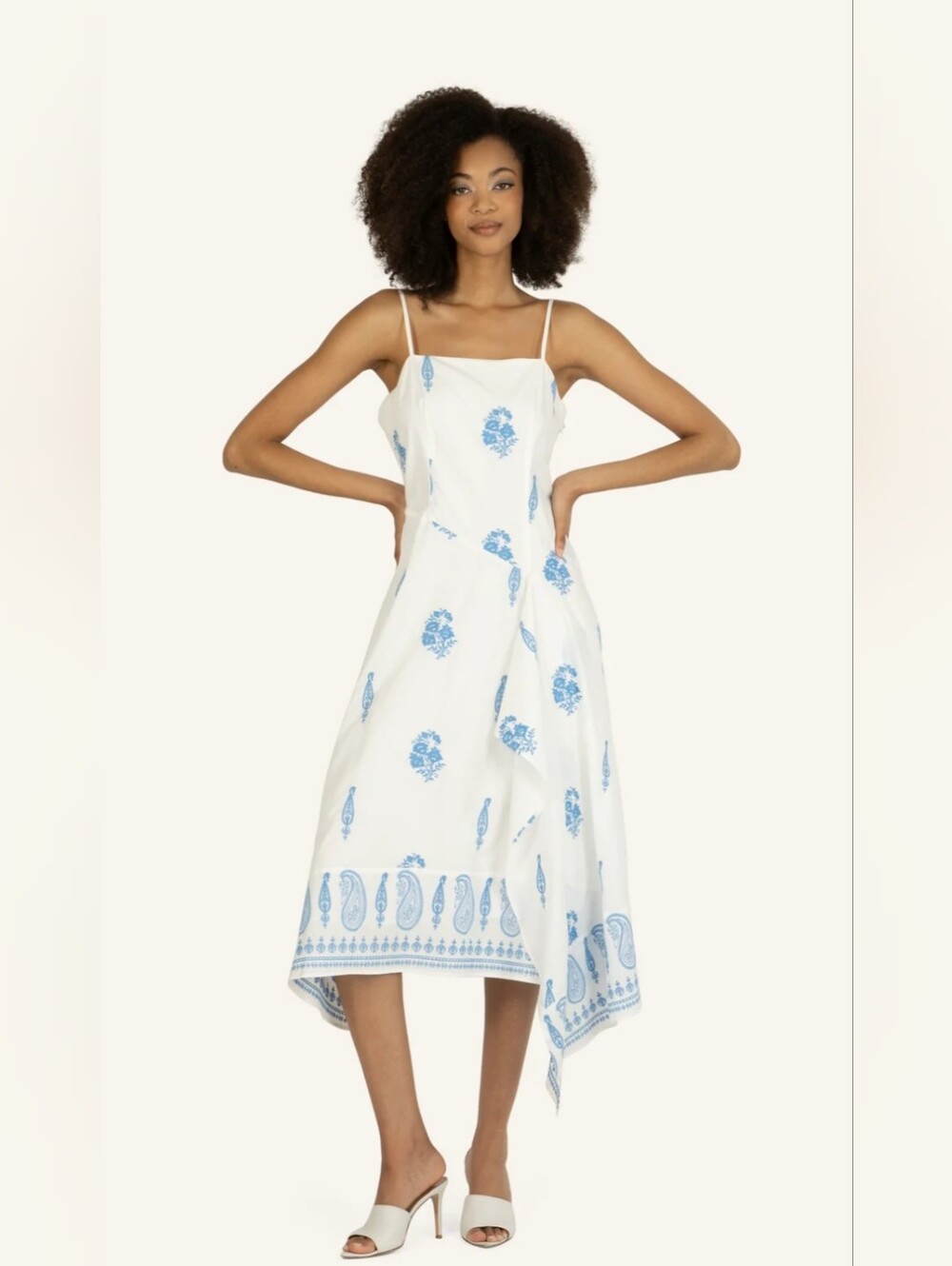 White Spaghetti-Strap Asymmetrical Midi Dress with Blue Print
